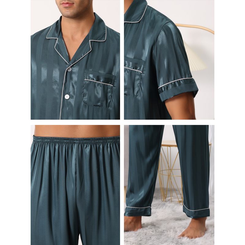 cheibear Men Striped Satin Button Down Short Sleeve Long Pants Pajama Set, 5 of 7