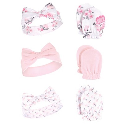 Image of Hudson Baby Infant Girl Cotton Headband and Scratch Mitten 6pc Set, Pink Floral, 0-6 Months