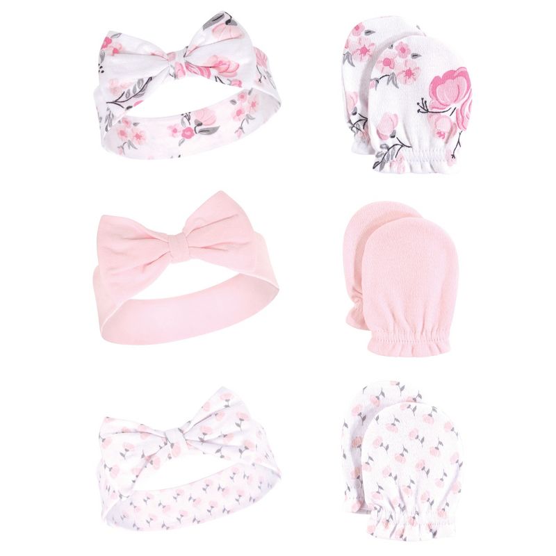 Hudson Baby Infant Girl 12Pc Headband and Scratch Mitten Set, Pink Floral, 0-6 Months, 2 of 3