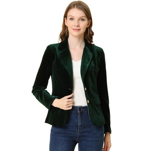 Unique Bargains Women's Button Front Velvet Blazer Lapel Office Crop Suit  Jacket 