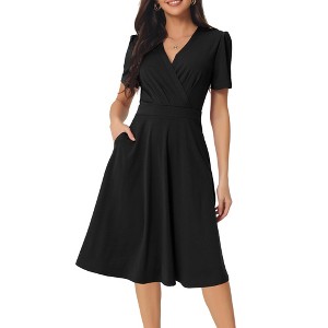 INSPIRE CHIC Women's Summer Wrap V Neck Puff Short Sleeve Midi Swing Dress with Pockets - 1 of 4