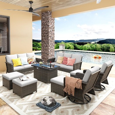 Patio Furniture Set 9 Peices with 44" Propane Gas Fire Pit Table, Outdoor Sectional Conversation Sofa Set with Swivel Chair for Porch Backyard, Beige