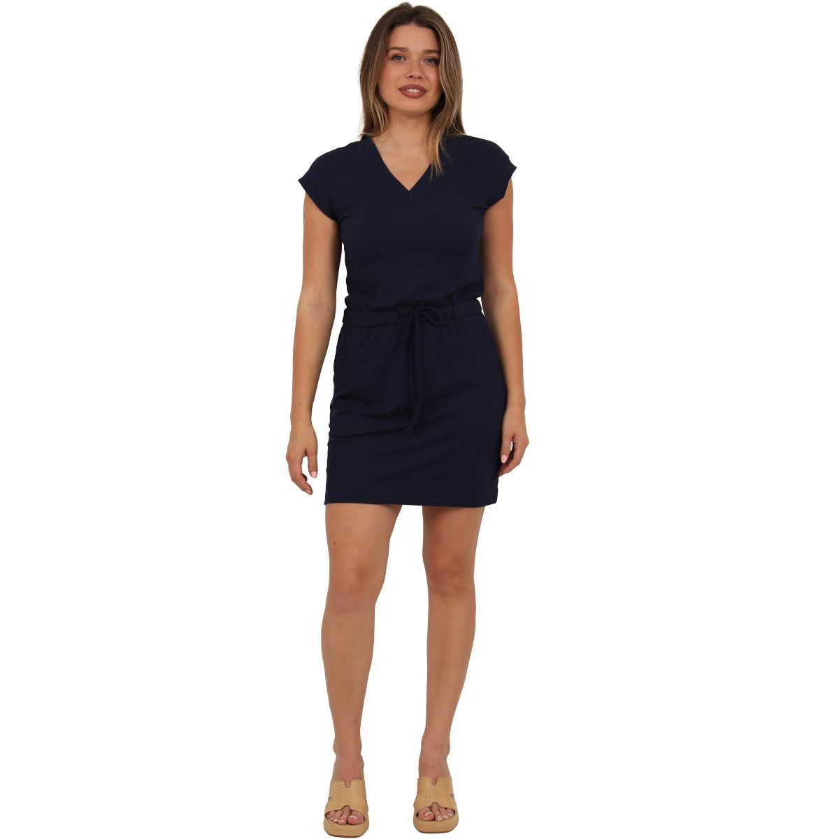 Womens Essential Ribbed Knit V Neck Drawstring Waist Pocket Knee Length Dress - 24seven Comfort Apparel™ - thumbnail 6