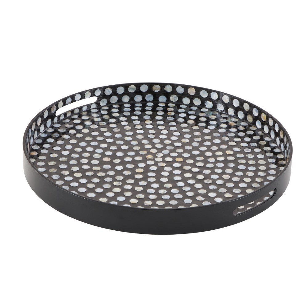 Photos - Other Decoration Olivia & May 3" x 24" Round Lacquer and Shell Tray with Handles Black/White : Coastal Style Decorative Platter