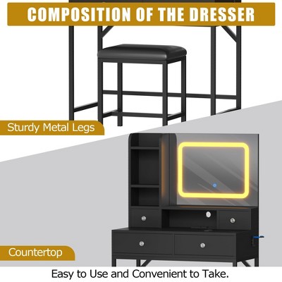 Vanity Desk and Stool with Mirror and Lights，Makeup Vanity with Charging Station