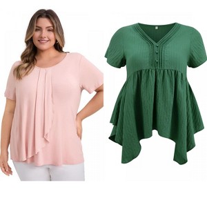 GRACE & GRANDEUR Women's Plus Size 2 Pcs Set Pleated Asymmetry Hem Tops and Texture Button Decor Blouses - 1 of 4