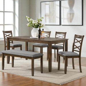 6-Piece Wooden Dining Table Set with Upholstered Chairs and Bench, Rectangular Table for Kitchen or Dining Room, Seats 6, Acacia Wood Frame - 1 of 4