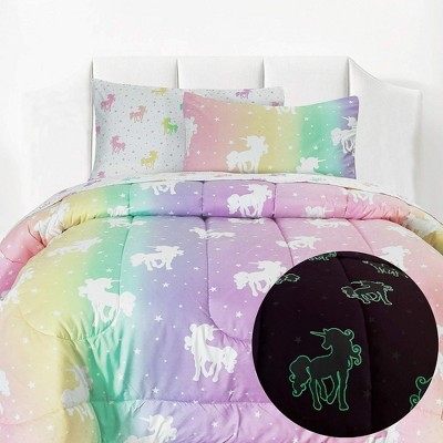 Tadpoles 5-Piece Unicorn and Stars Glow in The Dark Comforter Set, with a Comforter, Fitted Sheet, Flat Sheet, and 2 Pillowcases