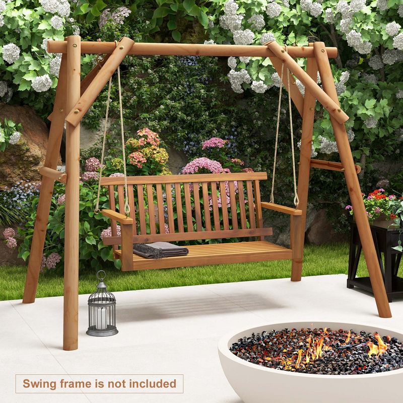Costway 2-Seat Porch Swing Bench Acacia Wood Chair with 2 Hanging Hemp Ropes for Backyard, 5 of 10