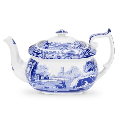 Blue and White Earthenware Teapot with Italian Countryside Design