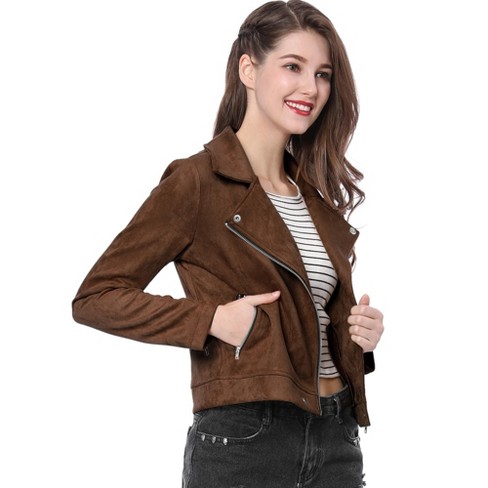 Allegra K Women's Stand Collar Zip Up Faux Suede Cropped Jacket : Target