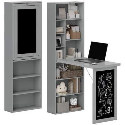 HOMCOM Fold-out Convertible Writing Table, Wall Mount Desk Cabinet with Blackboard and Side Shelf Multi-Function Home Office Workstation