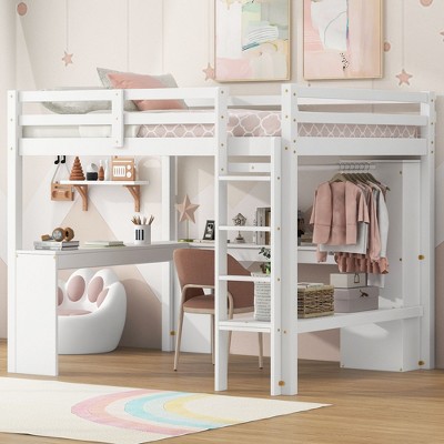 NicBex Full Size Loft Bed with L-Shaped Desk Wooden Bed Frame with Wardrobe, Shelves, Ladder and Full Length Guardrail, No Box Spring Required