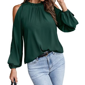 Coolmee Women's Blouses Dressy Casual Cold Shoulder Ruffle Collar Blouses Fall Fashion Shirts for Work - 1 of 4