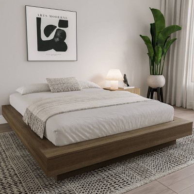 Natural Oak Queen Upholstered Platform Bed Frame