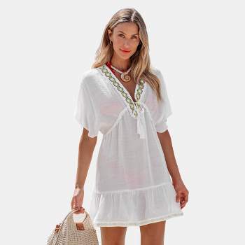 Women's White Plunging Dolman Sleeve Cover-Up Dress - Cupshe