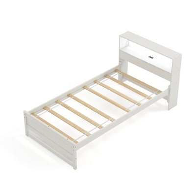 Infans Twin Size Wooden Bed Frame w/ Charging Station & LED Light Storage Headboard