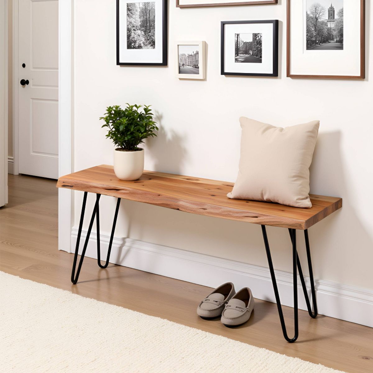 Alaterre Furniture 36" Hairpin Live Edge Bench: Industrial Mid-Century Modern, Metal & Acacia, 300 lb Capacity - thumbnail 6