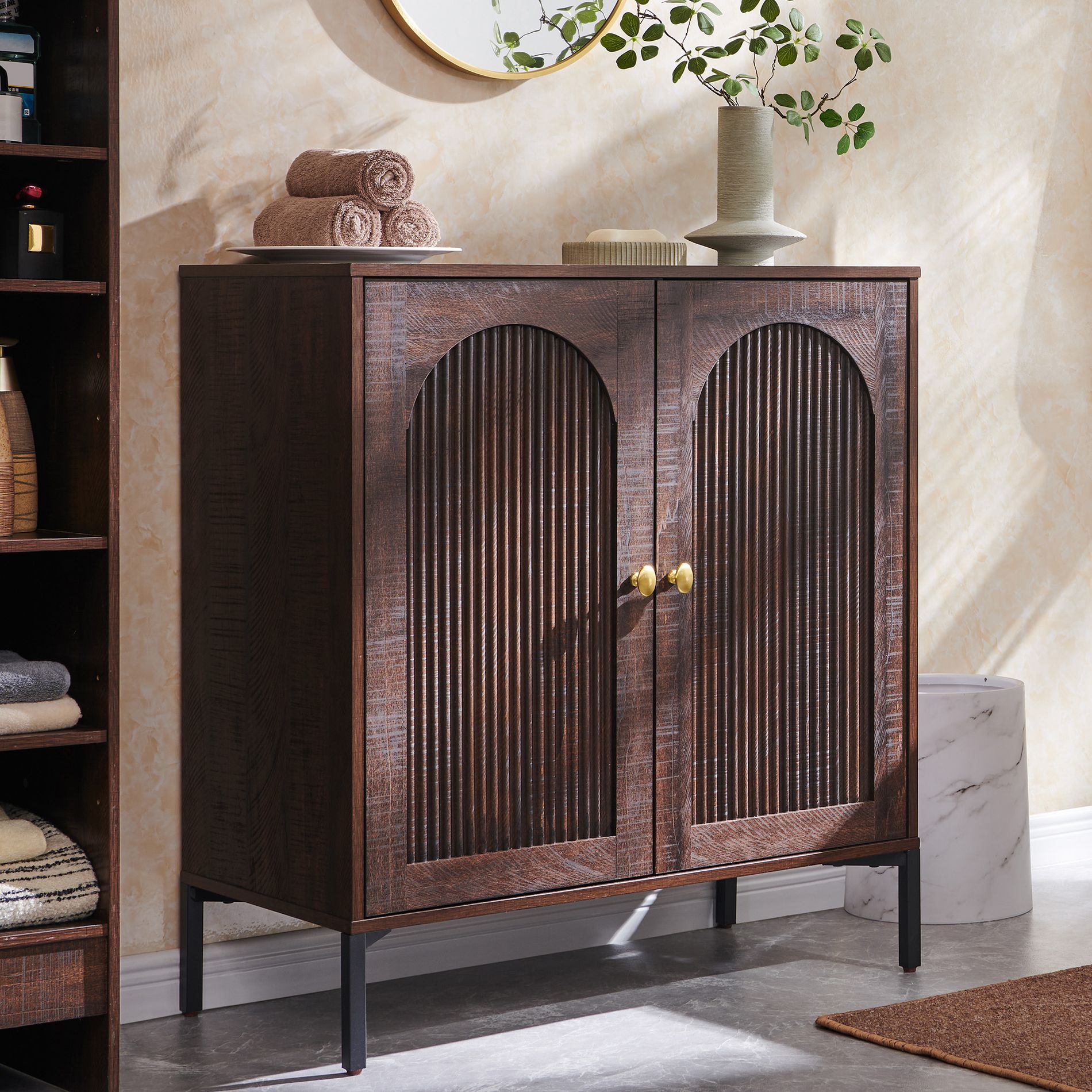 Bathroom Cabinet with Storage, Fluted Arched Free Standing Floor Cabinet with Adjustable Shelves, Modern Floor Storage Cabinet