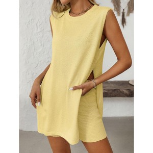 Womens Top and Shorts Set Summer Casual Knit Round Neck Sleeveless Shorts Set - 1 of 3