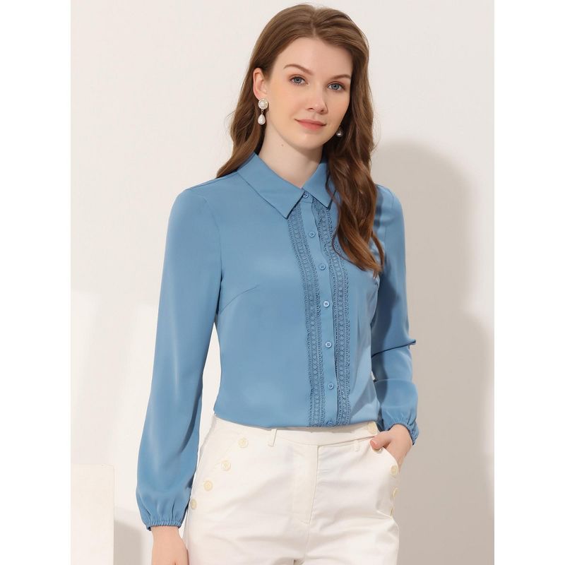 Allegra K Women's Office Work Turn Down Collar Lace Trim Long Sleeve Button Down Shirt, 2 of 6