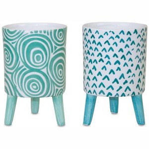 HomeRoots Set of Two Aqua Teal And White Ceramic 2 Ounce Chevron Round Distressed Pot Planters - 1 of 4
