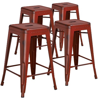 Emma and Oliver Commercial Grade 4 Pack 24" High Backless Distressed Metal Indoor-Outdoor Counter Height Stool