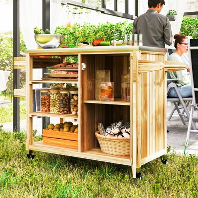Natural Wood Outdoor Grill Cart with Stainless Steel Top and Storage Cabinet