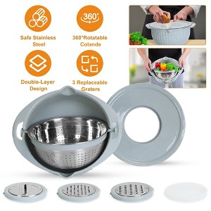 NewHome"Multifunctional Stainless Steel Mixing Bowl Set with Lid, Graters, Food Strainer & Colander"Beige Blue - 1 of 4