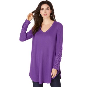 Roaman's Women's Plus Size V-Neck Lace-Sleeve Thermal Tunic - 1 of 4