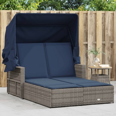 vidaXL Gray Poly Rattan Double Sun Lounger with Canopy - Adjustable Backrest, Cushions, Garden/Patio Furniture