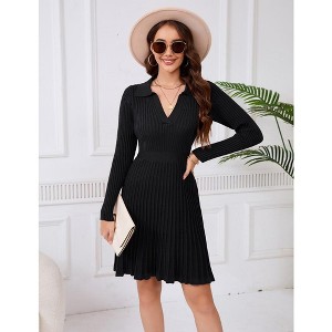 YesFashion Women's Sweater Dress 2024 Fall Long Sleeve Cable Lapel Collar Dress Ribbed Knit A Line Swing Pleated Midi Dresses - 1 of 4
