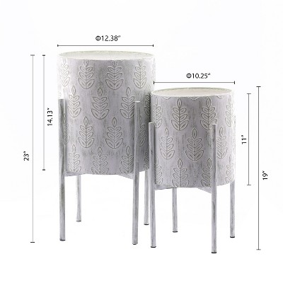 Elegant White and Sage Metal Leaf Embossed Planter Set with Stand