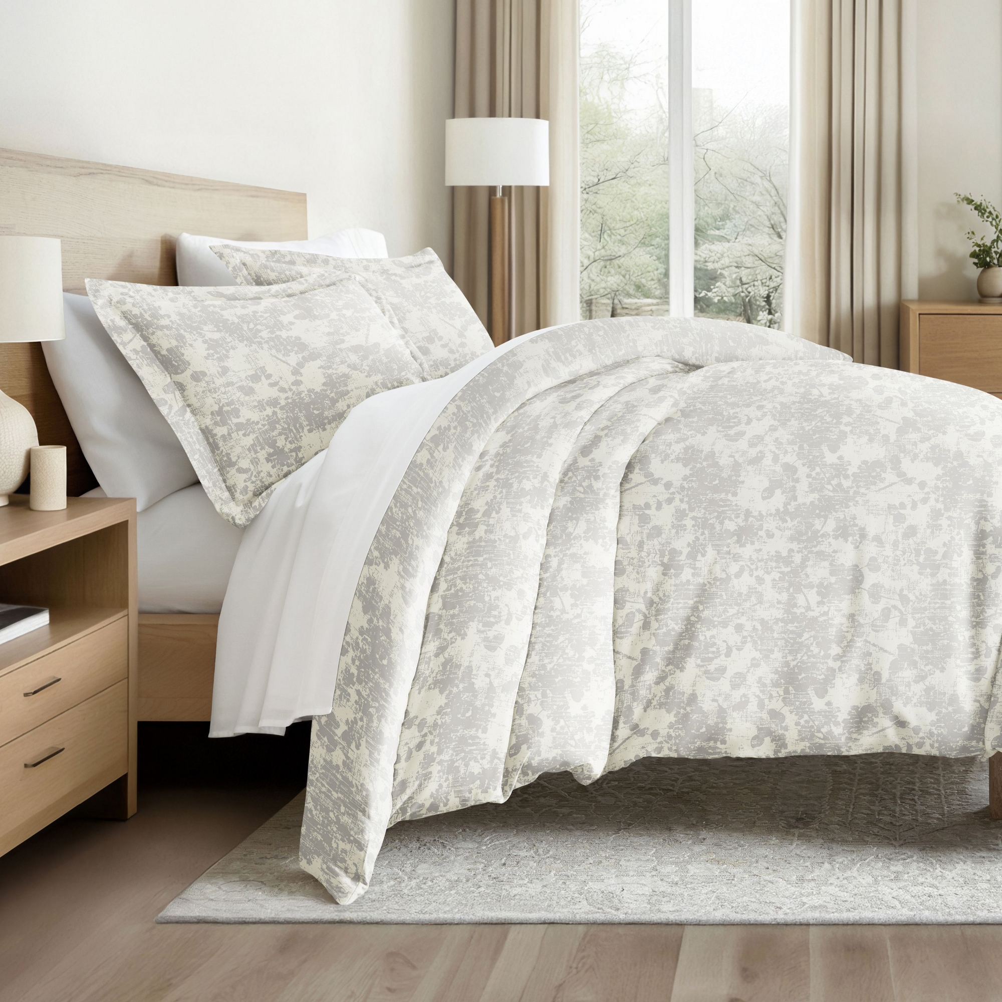 Weathered Floral 3PC Duvet Cover Set - Soft Microfiber, Zippered Closure, Easy Care - Becky Cameron, Weathered Floral Light Gray, Twin/Twin Extra Long
