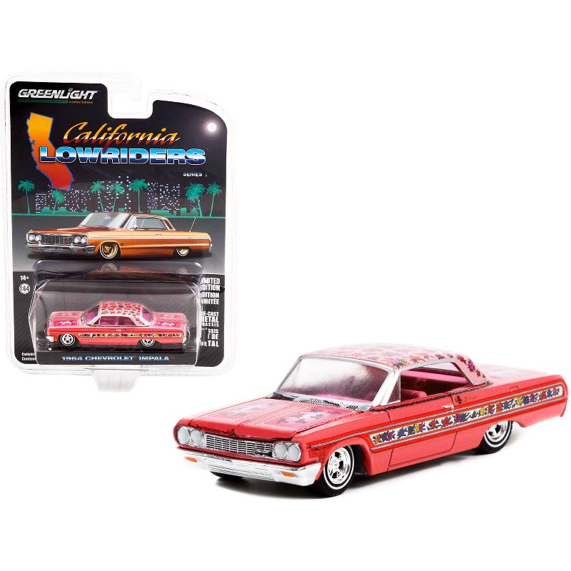 1964 Chevrolet Impala Lowrider Pink Metallic with Rose Graphics and Pink Interior 1/64 Diecast Model Car by Greenlight, 1 of 4
