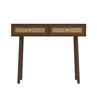 Walnut Mid-Century Modern Console Table with Rattan Drawers
