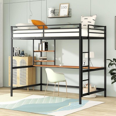 Streamdale Full Metal Loft Bed with Desk and Shelve, Black
