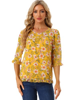 INSPIRE CHIC Women's Round Neck Ruffle 3/4 Sleeve Floral Print Chiffon Blouse