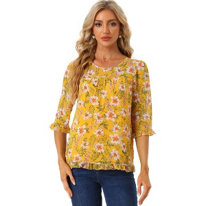 INSPIRE CHIC Women's Round Neck Ruffle 3/4 Sleeve Floral Print Chiffon Blouse - 1 of 4