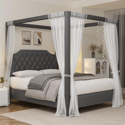 Upholstered Canopy Bed Frame Full Size with headboard, Button Tufted, Nailhead Trim Design