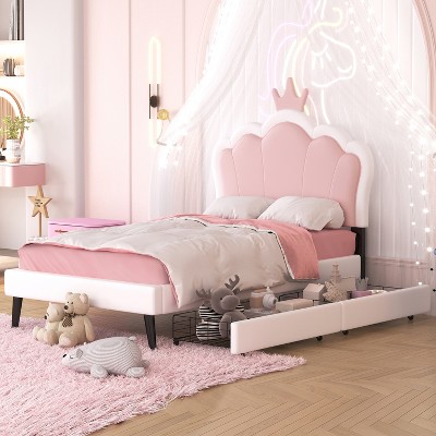 Full/ Twin Size Platform Bed, Upholstered Princess Bed Frame with Crown Headboard -ModernLuxe