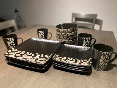 16pc Stoneware Wild Pattern Square Dinnerware Set Black - Elama