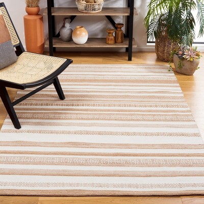 Ivory and Beige Striped Flat Woven Wool Area Rug, 5 x 8 ft