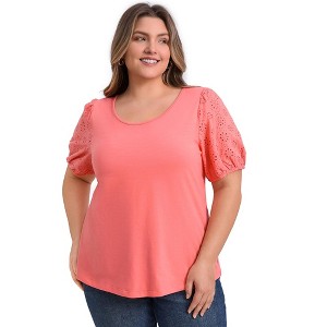 GRACE & GRANDEUR Women's Plus Size Embroidered Panel Hollow Puff Short Sleeve Round Neck Casual Blouses - 1 of 4