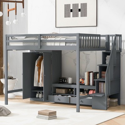 NicBex Full Size Loft Bed Wooden Bunk Bed Bed Frame with Wardrobe, Low Storage Table, Storage Stairs and Guardrail, No Box Spring Required, Gray