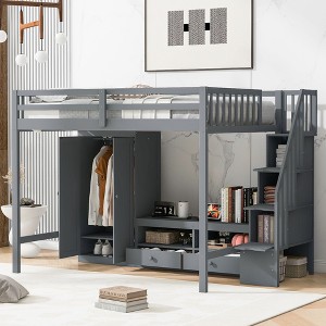 NicBex Full Size Loft Bed Wooden Bunk Bed Bed Frame with Wardrobe, Low Storage Table, Storage Stairs and Guardrail, No Box Spring Required, Gray - 1 of 4