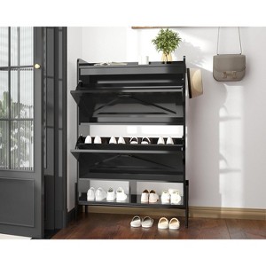 Wooden shoe cabinet with hidden freestanding shoe rack and two flip-top drawers, ideal for entryways and hallways. - 1 of 4