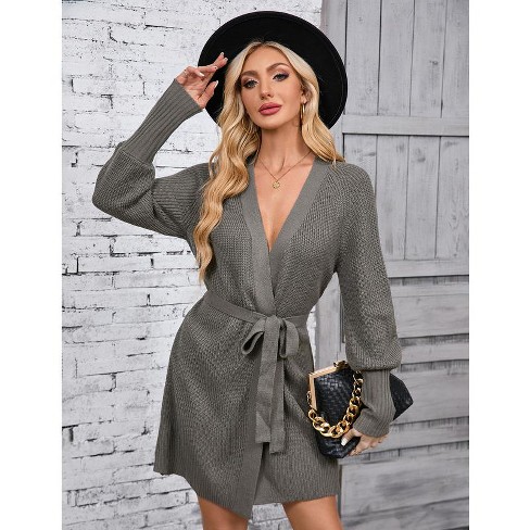 WhizMax Women s 2024 Fall Long Batwing Sleeve Wrap V Neck Knitted Bodycon Sweater Mini Dress with Belt Grey Large