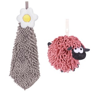 REGALWOVEN Flower and Sheep Shape Absorbent Fast Drying Chenille Hand Towels with Hanging Loop 6" x 15"/7" x 7" 2 Packs - 1 of 4