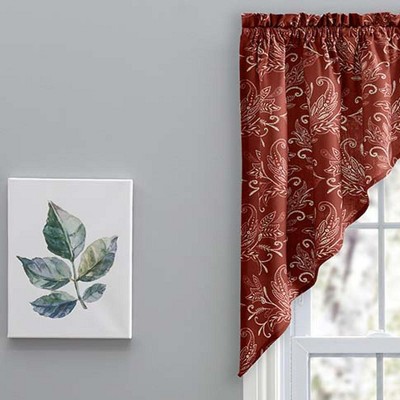 Brick Red Leaf Pattern Polyester Rod Pocket Valance